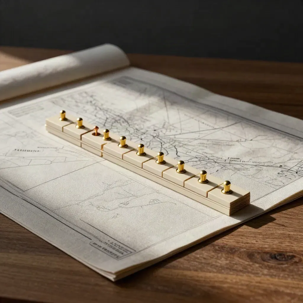 Ivory planning cards, brass pins, and timeline blocks on folded linen