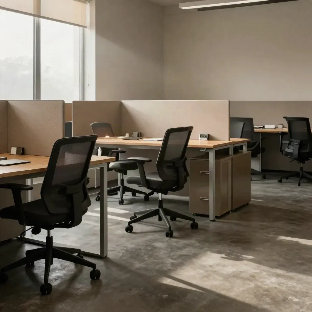 Empty SaaS office corner with aligned chairs, hidden cables, and turned collaboration panels.