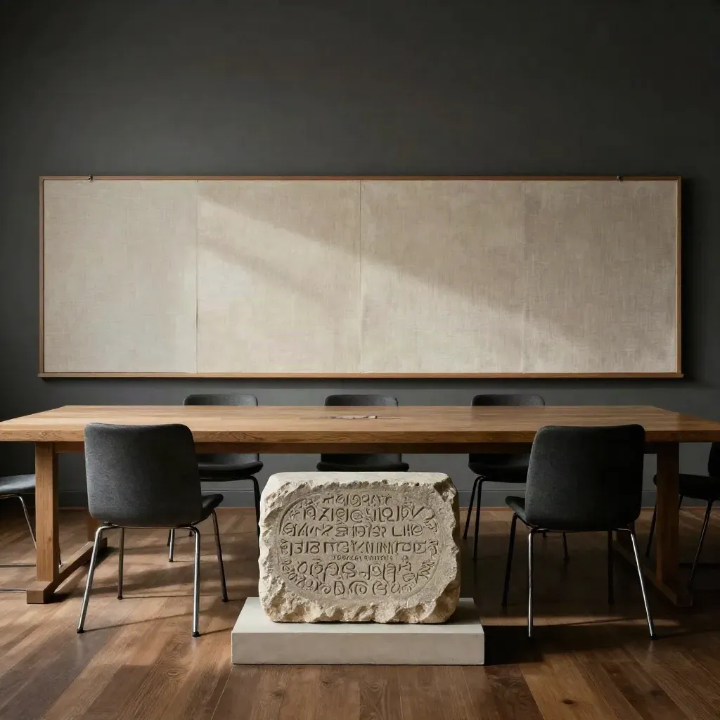 Dramatic nonprofit strategy room with blank boards, tucked chairs, and a stone plinth