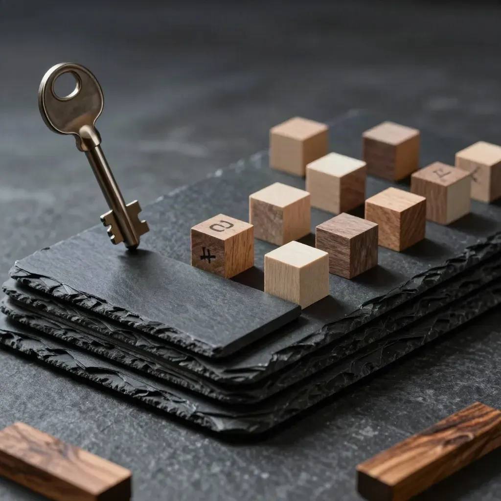 Slate planning tiles, black folio, and wooden cubes on dark stone under dramatic studio light.