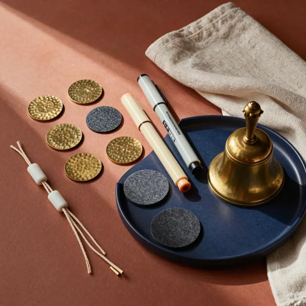 Overhead workshop lead kit with brass tokens, felt circles, marker caps and a bell on terracotta.
