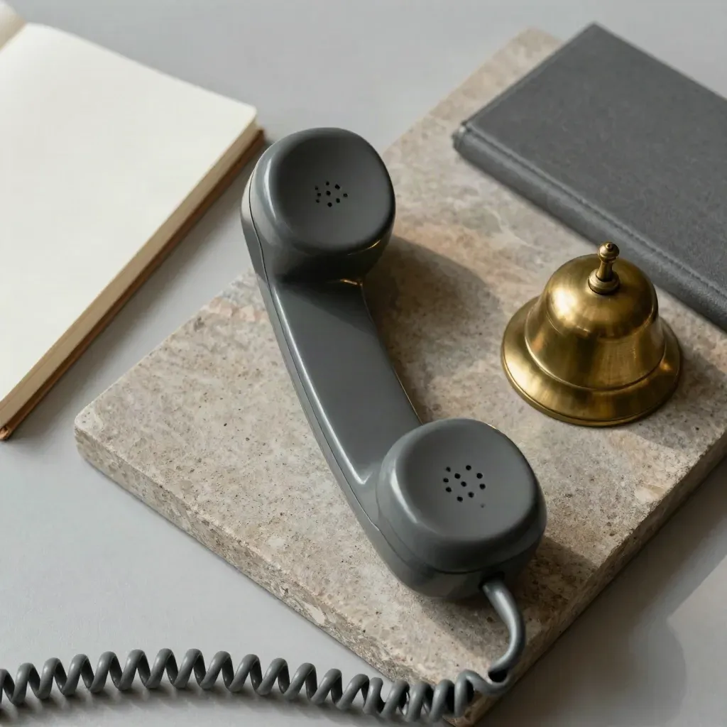 Graphite phone handset, brass bell, closed notebook and coiled cord on a stone tray.