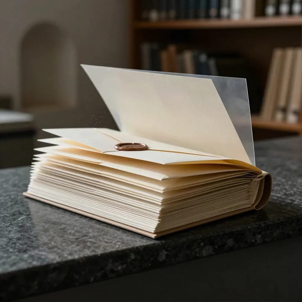 Ivory divider tabs, wax-sealed envelopes and translucent sheets on a dark stone ledge